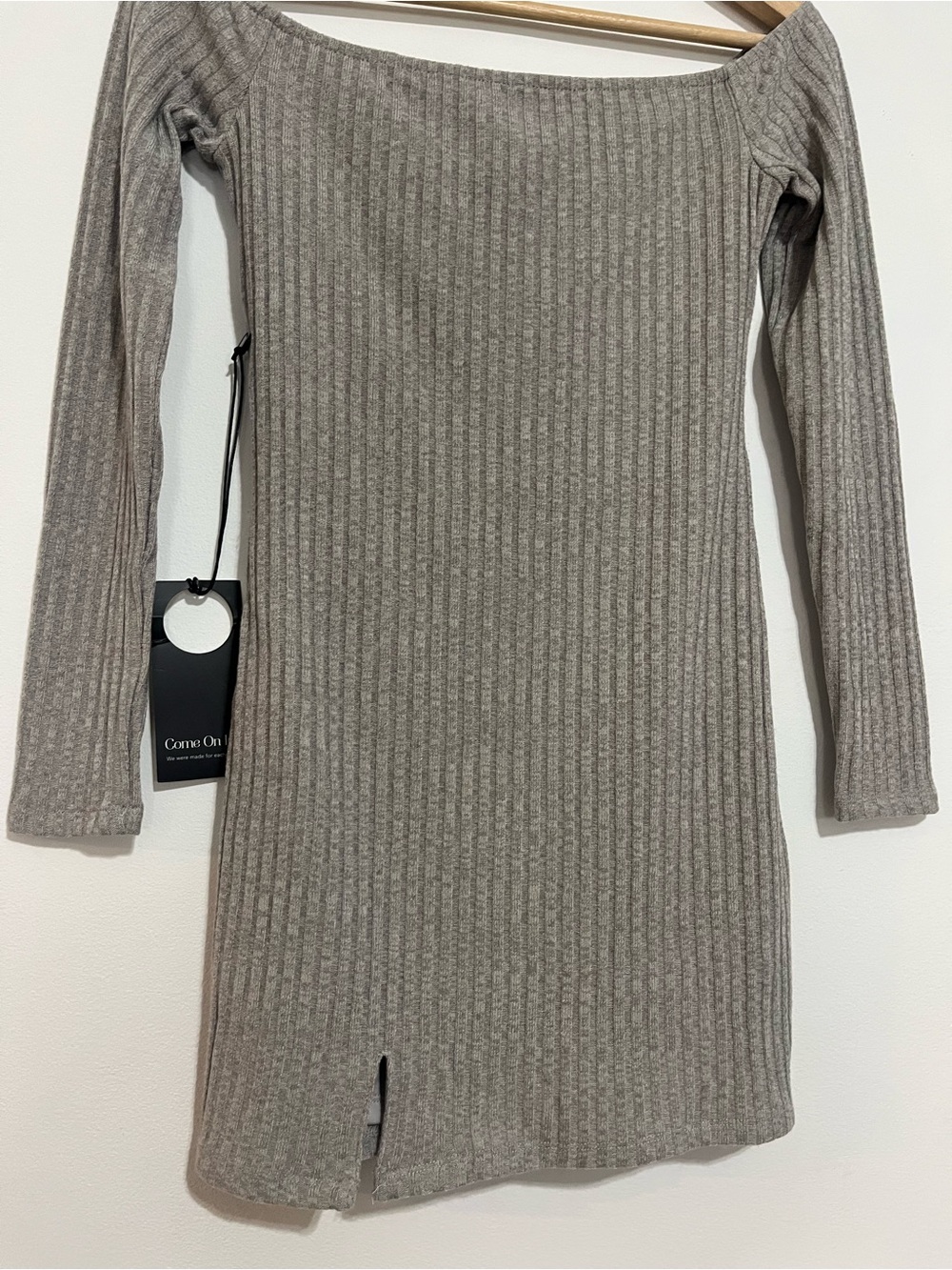 PRIVACY PLEASE Off-Shoulder Ribbed Sweater Dress in Light Grey NEW